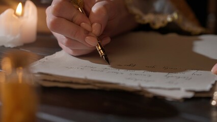 Female in antique outfit writes with feather pen. Close up shot of woman writing a letter with vintage quill on old parchment paper.