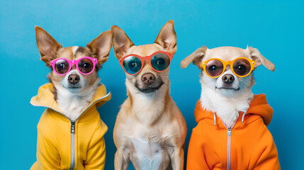 Funny dogs in sunglasses and bright clothes on a blue background. Kidkore style, the concept of humanization,Funny dogs in sunglasses,international pet day 