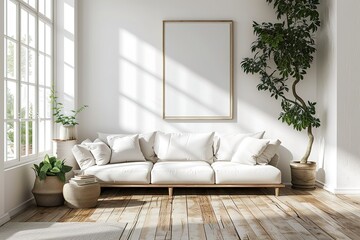 White minimalist living room interior with sofa on a wooden floor, decor on a large wall, white...