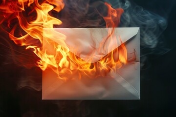 White envelope, orange and red flame on isolate. Concept: urgent letter, urgent work that needs to be done immediately.