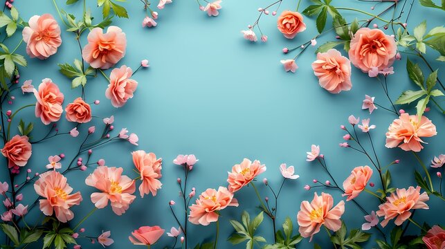  Kara flowers on pastel blue background with space in the center 