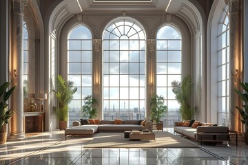 Zoom background: a luxury penthouse living room with large window
