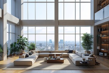 Zoom background: a modern high penthouse living room with large windows - obrazy, fototapety, plakaty