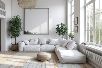 White minimalist living room interior with sofa on a wooden floor, decor on a large wall, white...