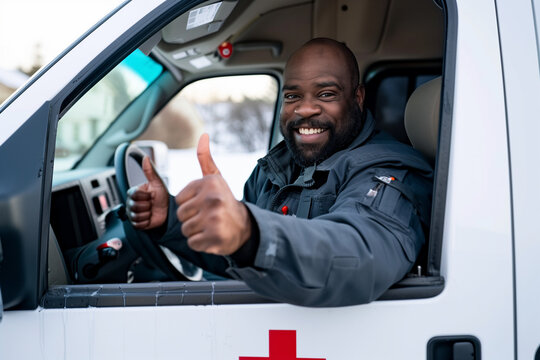 A smiling black man sitting in the driver's seat of an ambulance, giving two thumbs up with his right hand and pointing at you using one finger on his left hand. He is wearing dark gray work.
