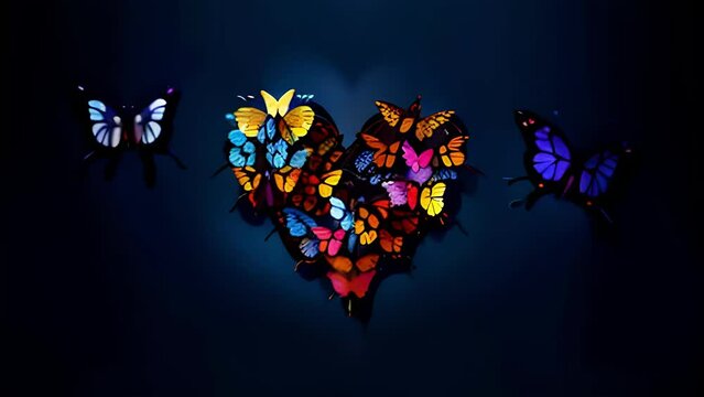 Heart-shaped flying butterflies on a dark blue background