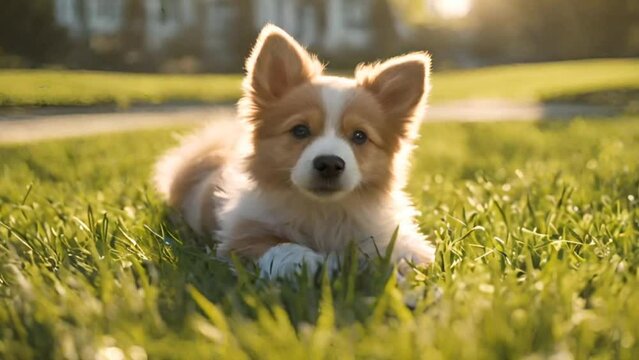 A corgi puppy dog laying on the grass under the sunlight 