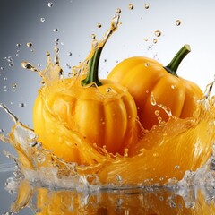 yellow pumpkin splashing into crystal clear water. The product is isolated on a white background. Healthy vegetables concept
