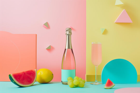 summer, modern and minimalistic still life featuring a champagne bottle, watermelon,coctails, and geometric shapes on a pastel colored background in pink, yellow, blue, and green colors