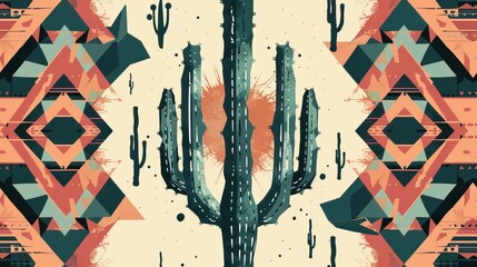 Abstract seamless pattern with cacti integrated into a colorful geometric design, evoking a modern desert aesthetic