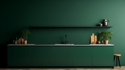 Kitchen room interior with minimalist green background
