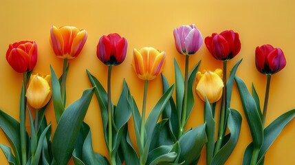 Colorful Tulips Group on Yellow Background