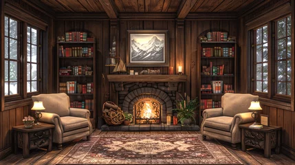 Fotobehang A cozy fireplace corner with plush armchairs and bookshelves. © Alishba