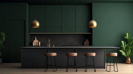 Kitchen room interior with minimalist green background