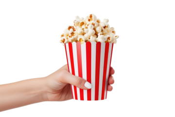 Hand Holding Red and White Striped Popcorn. on a White or Clear Surface PNG Transparent Background.