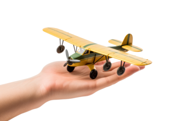 Hand Holding Toy Airplane on White Background. on a White or Clear Surface PNG Transparent Background.