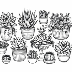 Outline drawings plants, succulents in pot vector illustration