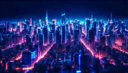 Scintillante Metropoli- Sfondo Urbano con Neon Brillanti su Blu Intenso. - obrazy, fototapety, plakaty