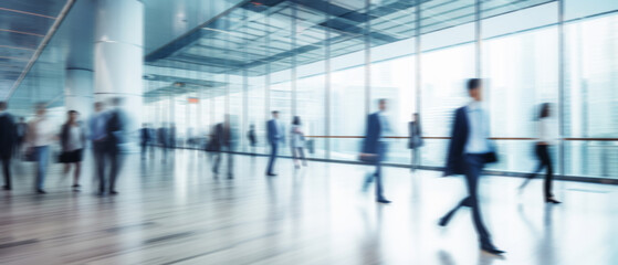 Business people walk in a large office lobby against a cityscape background. Motion blur effect, bright business workplace with people in walking in blurred motion in modern office space