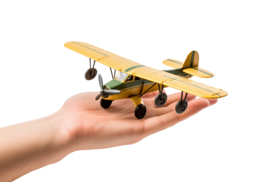 Hand Holding Toy Airplane on White Background. on a White or Clear Surface PNG Transparent Background.