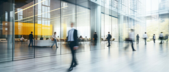 Fototapeta na wymiar Business people walk in a large office lobby against a cityscape background. Motion blur effect, bright business workplace with people in walking in blurred motion in modern office space