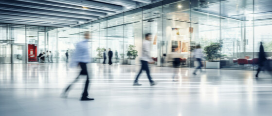 Business people walk in a large office lobby against a cityscape background. Motion blur effect, bright business workplace with people in walking in blurred motion in modern office space