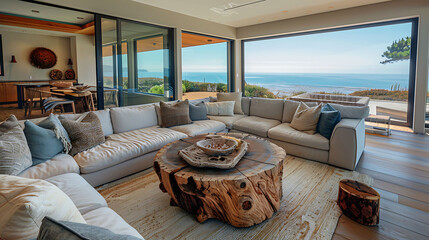 Cozy modern living room offering a coastal retreat ambiance, with panoramic views, a wrap-around sofa, and a driftwood coffee table - obrazy, fototapety, plakaty