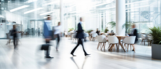 Business people walk in a large office lobby against a cityscape background. Motion blur effect, bright business workplace with people in walking in blurred motion in modern office space - obrazy, fototapety, plakaty