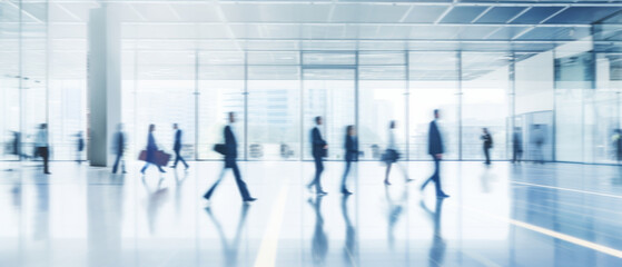 Obraz premium Business people walk in a large office lobby against a cityscape background. Motion blur effect, bright business workplace with people in walking in blurred motion in modern office space