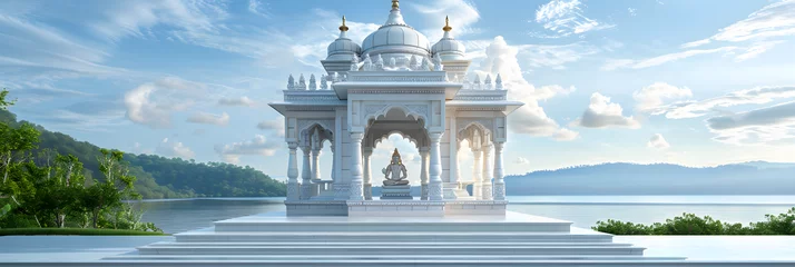Wall murals Place of worship small hindu temple with white marble on senic green landscape with blue sky