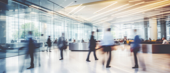 Business people walk in a large office lobby against a cityscape background. Motion blur effect, bright business workplace with people in walking in blurred motion in modern office space