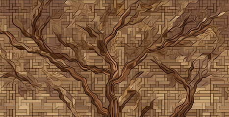 Detailed pixel art creates a background featuring a continuous pattern of intricately interwoven tree branches, revealing the natural beauty and complexity of wood.