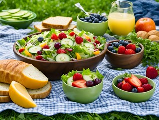 National Salad Day picnic: Friends and family enjoy fresh salads on lush green grass in nature