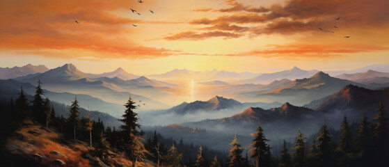 A painting of a sunset over a mountain range with tree