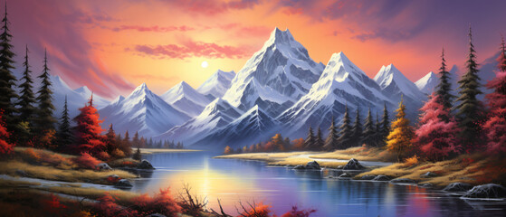 A painting of a sunset over a mountain range with tree - obrazy, fototapety, plakaty