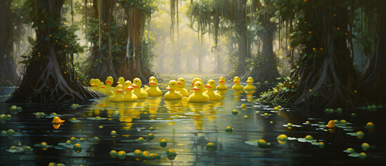 A painting of a swamp with a lot of little yellow duck - obrazy, fototapety, plakaty