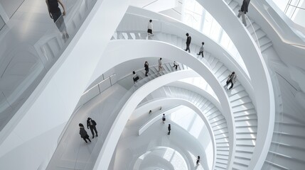 Aerial view of people descending a spiral staircase, white modern architecture, abstract human patterns, dynamic movement.