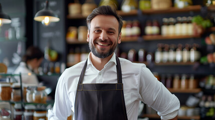 Naklejka premium Smiling male seller in health food store