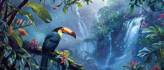 Crédence de cuisine en verre imprimé Toucan A painting of a toucan sitting on a branch 