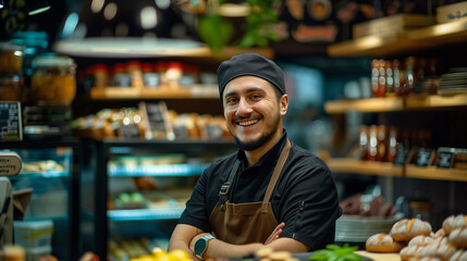 Fototapeta premium Smiling male seller in health food store
