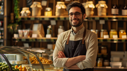 Fototapeta premium Smiling male seller in health food store