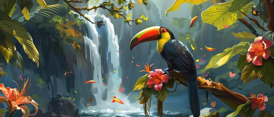 Foto auf Acrylglas A painting of a toucan sitting on a branch  © Black