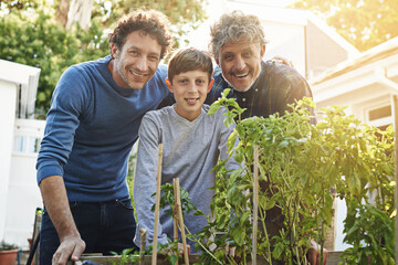 Child, father and grandfather in gardening portrait with smile, support and outdoor bonding...