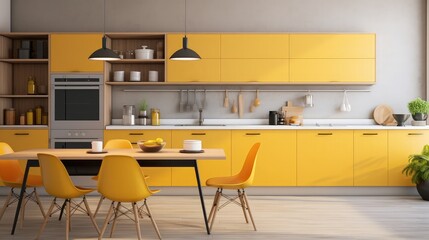 Interior of modern kitchen with yellow furniture, oven and peg board
