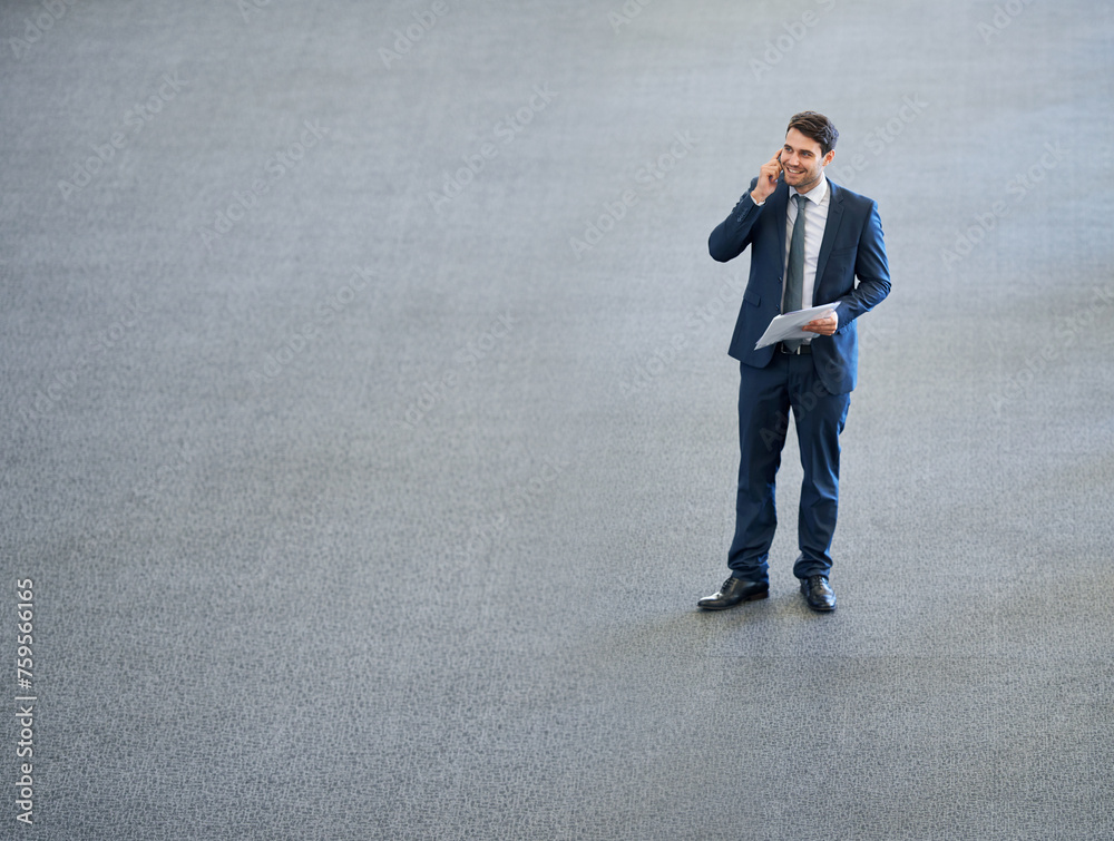 Aufkleber space, talking or happy businessman on a phone call inf office networking or speaking to chat in dis