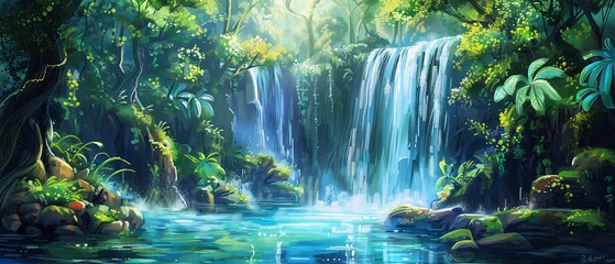 Foto op Aluminium A painting of a waterfall in a tropical forest  © Black