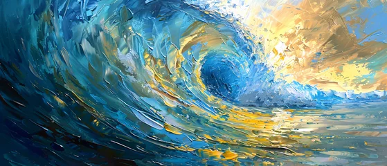 Foto auf Glas A painting of a wave with a yellow and blue center  © Black