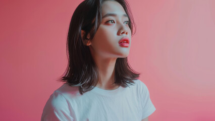 Pensive young woman in a white shirt lost in thought against a pink background.