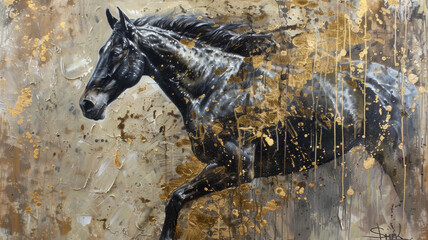 Abstract equestrian painting, with a majestic horse depicted in dynamic strokes of gold and black.