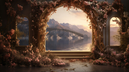 Fototapeta na wymiar majestic mountain lakeside wedding arch